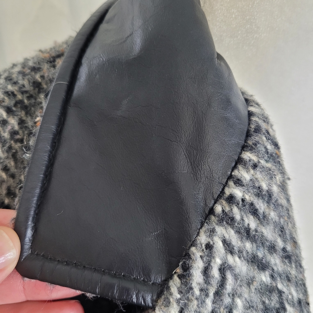 Vintage 80s wool leather tweed jacket coat oversized - Picture 4 of 16